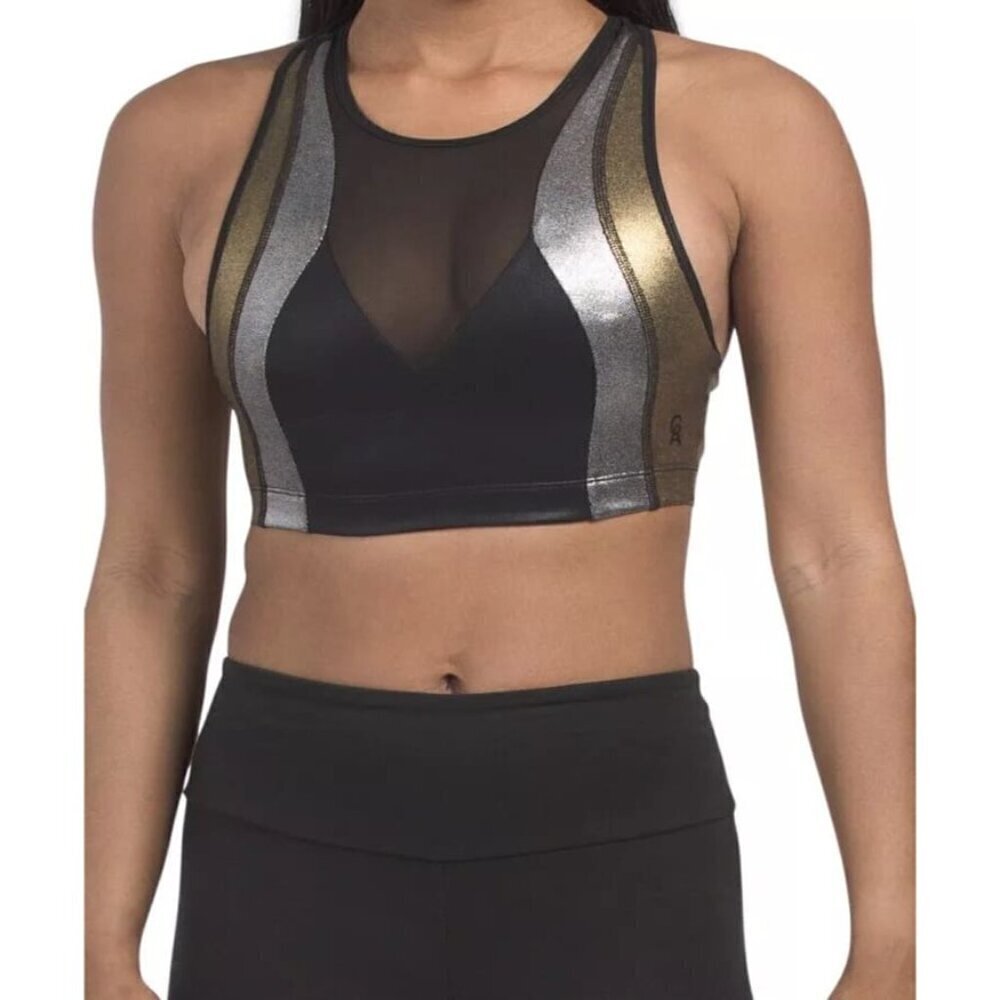 Good American Size 0 Sports Bra Black Gold Silver Mesh